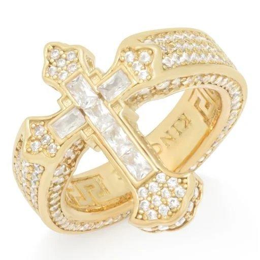 King Ice Fleur De Lis Cross Ring - Gold - GOLD